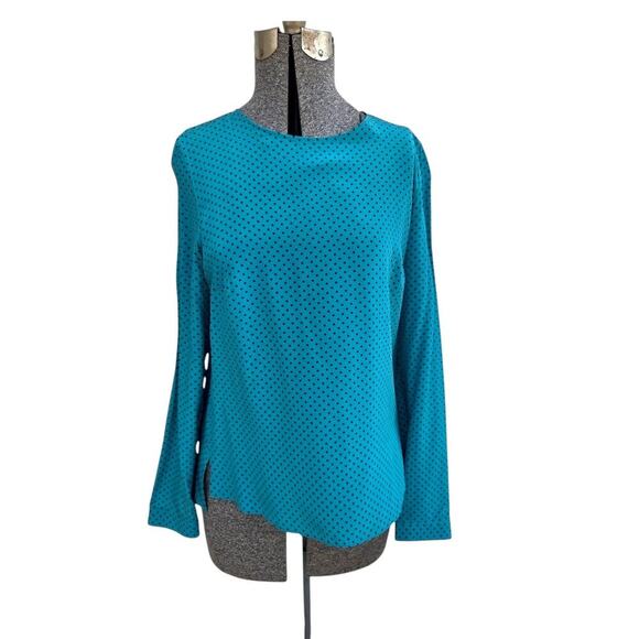 Akris Punto 100% Silk Teal Polka Dot Blouse Size 6 | Long Sleeve Designer Top - Picture 1 of 7